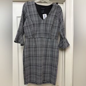 NWT En Focus Studio 3/4 Bell Sleeve Dress Sz 10 Black White Houndstooth New